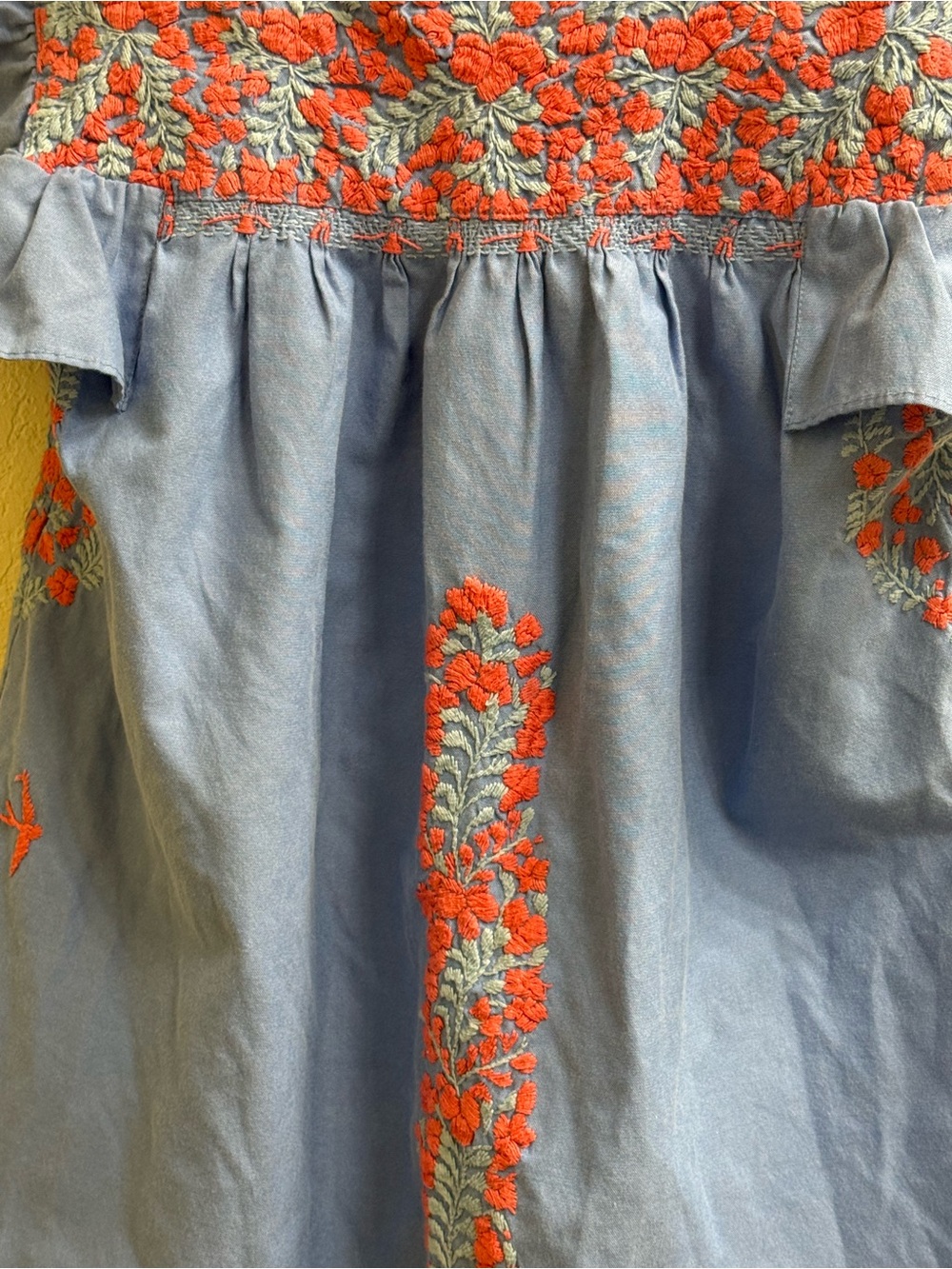 Mi Golondrina Blue Embroidered Flutter Sleeve Top with Coral Floral Detail - Picture 8 of 11